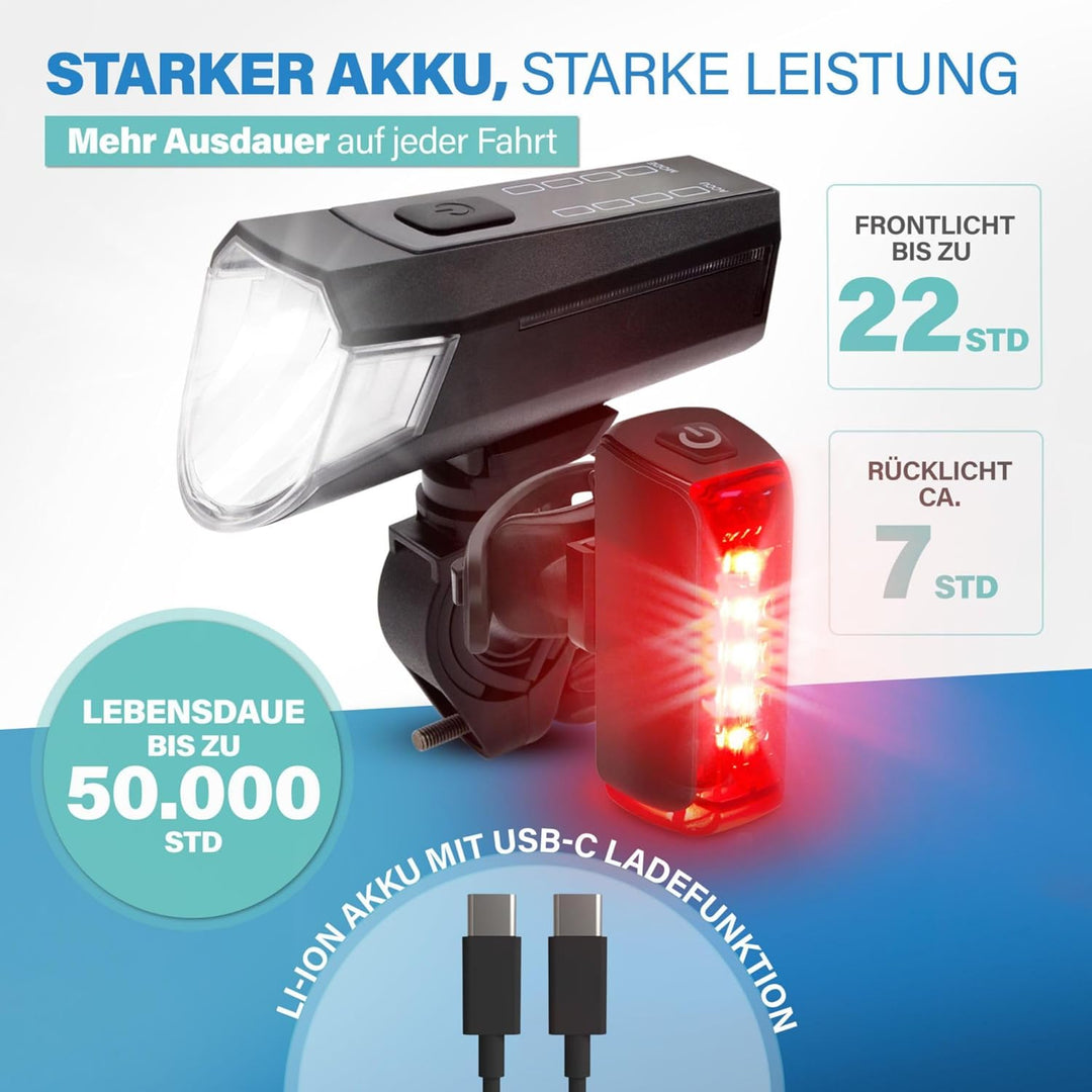 Fischer Twin Fahrradlicht Set, 360° Bodenbeleuchtung, LED Fahrradlampe 80 Lux, Akku aufladbar mit US