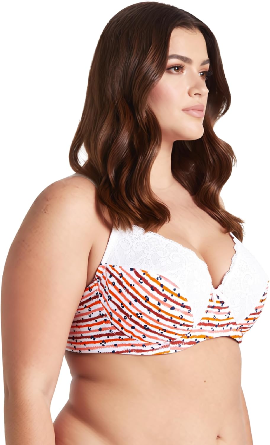 Curve Muse Übergrösse Still Baumwolle Ungefüttert Drahtloser BH Mit Spitzenbesatz 100D Mandel Druck