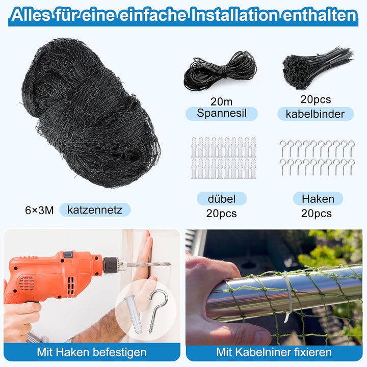 Aystkniet katzennetz für Balkon, 6 x 3 m Katzennetz Drahtverstärkt Schwarz mit 20M Befestigungsseil