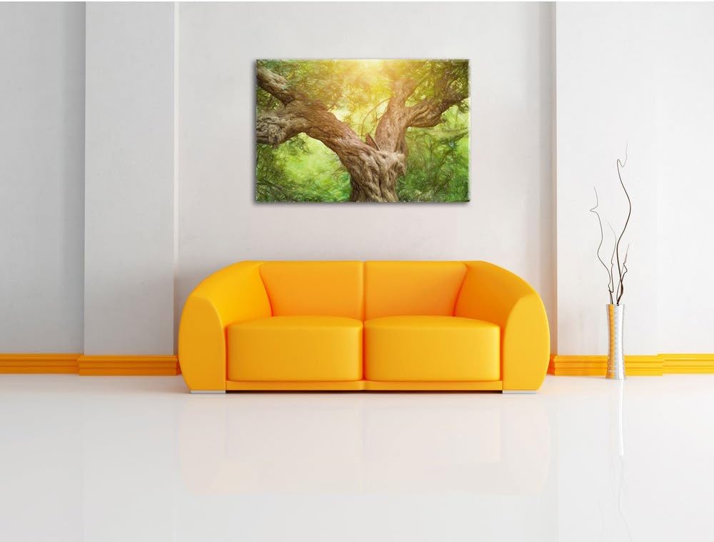 Pixxprint Mächtiger Baum im Wald Kunst Buntstift Effekt, Format: 100x70 auf Leinwand, XXL riesige Bi