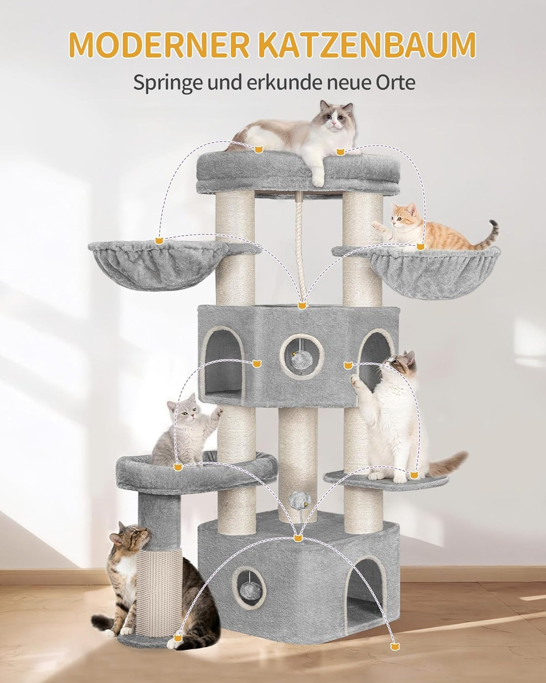 Hzuaneri Kratzbaum, 163 cm Katzenbaum, 11 cm d Dicke Sisalstämme, für Grosse Katze, 2 Höhlen, Geräum