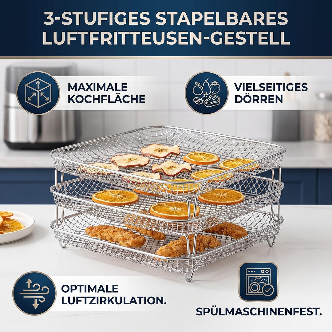 3PCS Air Fryer Rack, Stapelbares Edelstahl Heissluftfritteuse Grillrost Luftfritteuse-Gestell Quadra