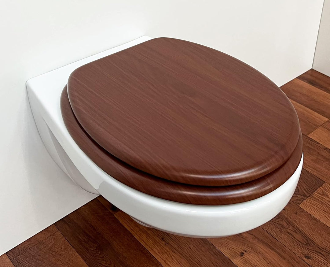WC Deckel Toilettendeckel WC Sitz Klobrille Walnuss mit Holzkern und messingverchromten Scharnieren