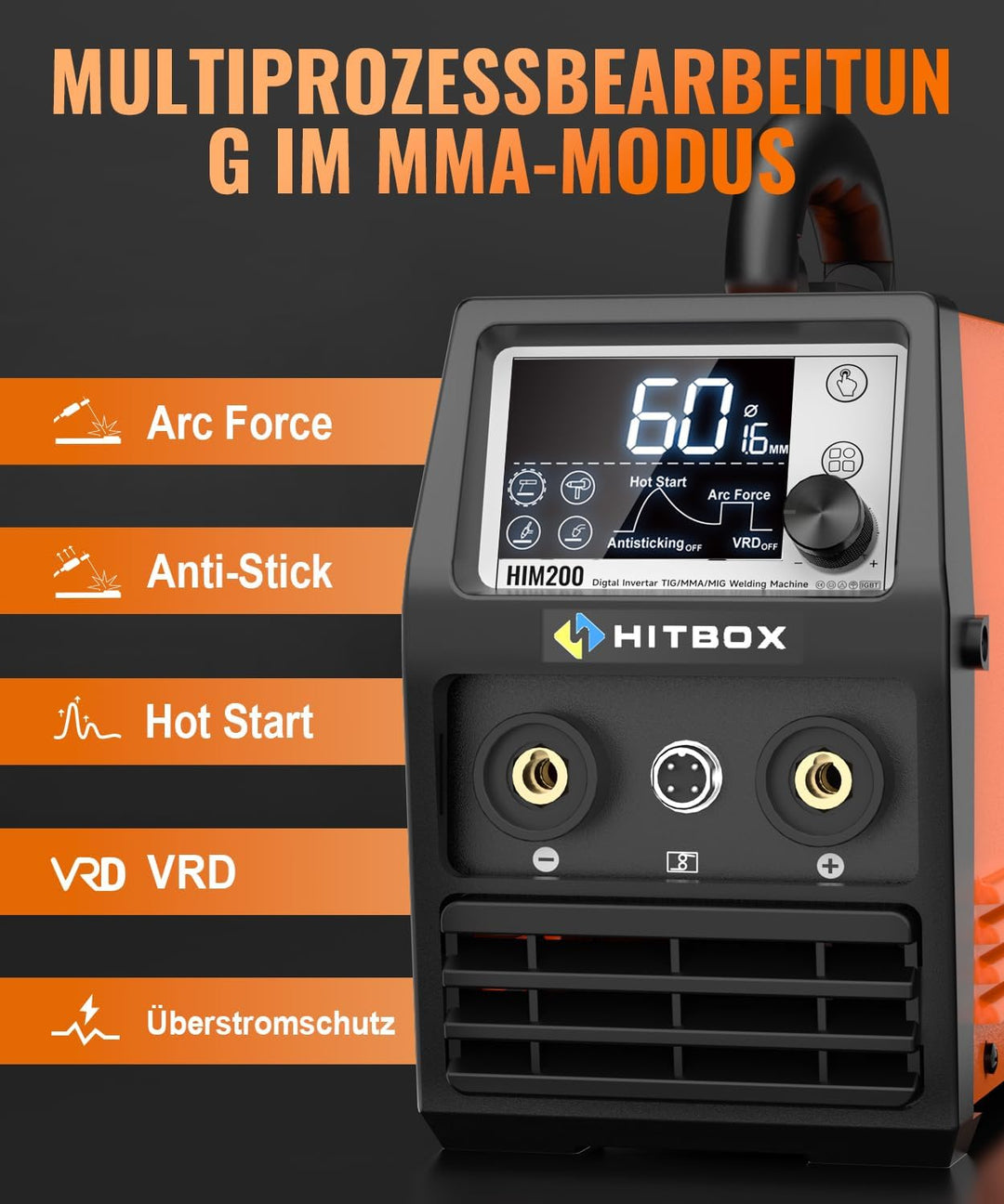 HITBOX Fülldraht Schweissgerät ohne Gas, 200A 230V Fülldraht Schweissgerät 4-in-1 Funktion Gasloses