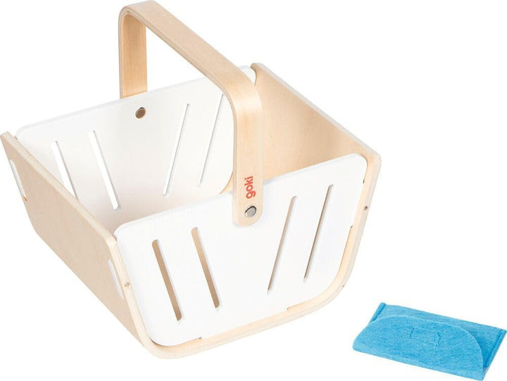 goki 51428 - Einkaufskorb MiniShopper, Tragekorb aus Holz mit klappbaren Tragegriff & Geldbörse aus