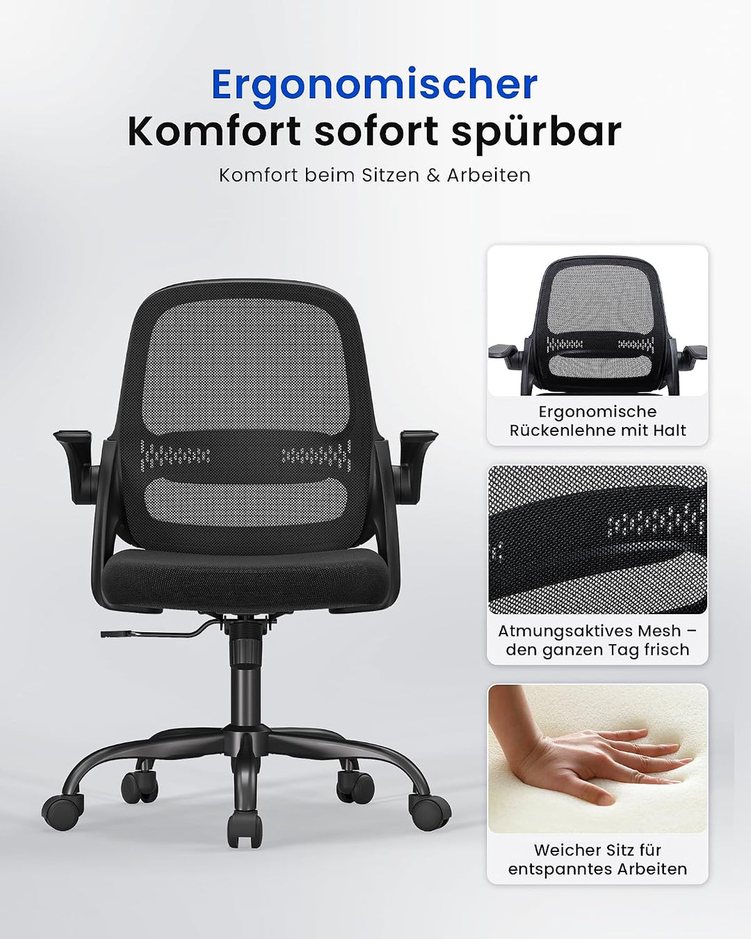 LukkDys Bürostuhl Ergonomisch, Schreibtischstuhl mit klappbaren Armlehnen, Mesh Computerstuhl höhenv