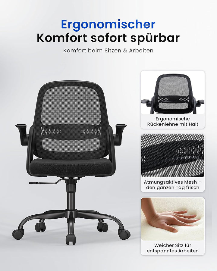 LukkDys Bürostuhl Ergonomisch, Schreibtischstuhl mit klappbaren Armlehnen, Mesh Computerstuhl höhenv