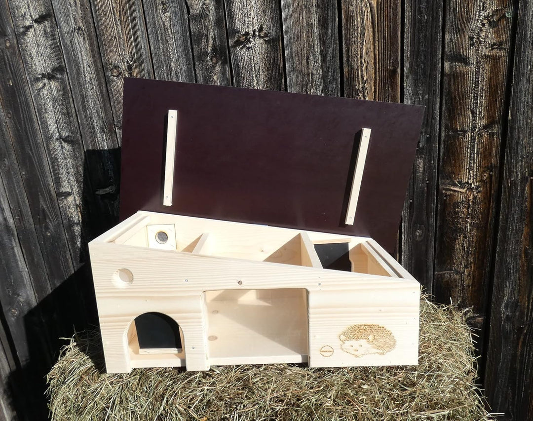 Luxus Igelfutterhaus mit Beobachtungsfenster 80cm x 40cm x 32cm Igelhotel 18mm Vollholz Witterungsbe