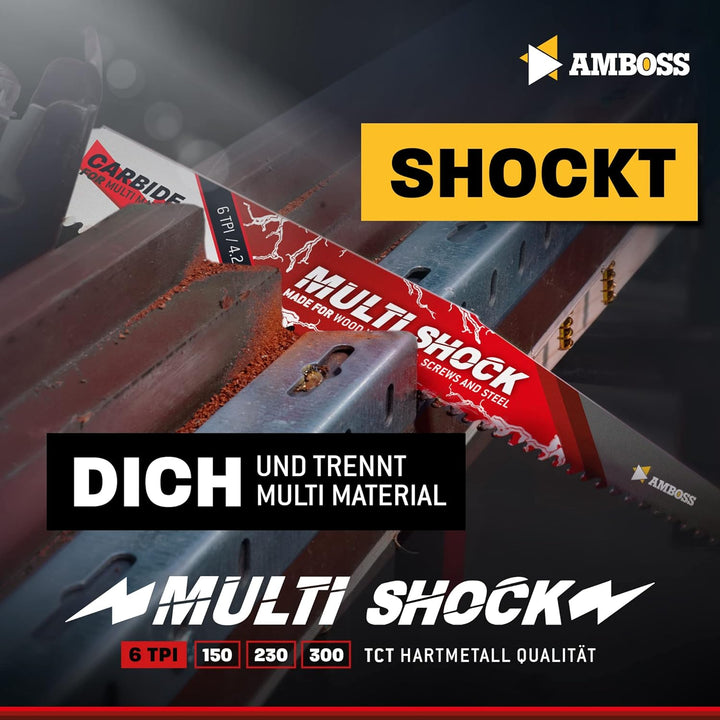 AMBOSS MULTI SHOCK - 3x Säbelsägeblatt Länge 230 mm / 6 ZpZ - ideal für Holz mit Nägeln und Holz mit