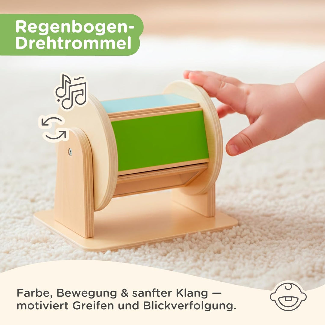Nene Toys Montessori Baby Spielzeug 0–6 Monate – 7-in-1 Sensorik Holz Lernbox mit Schwarz-Weiss Stof