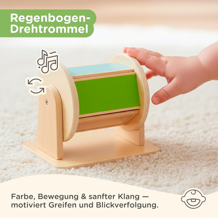 Nene Toys Montessori Baby Spielzeug 0–6 Monate – 7-in-1 Sensorik Holz Lernbox mit Schwarz-Weiss Stof
