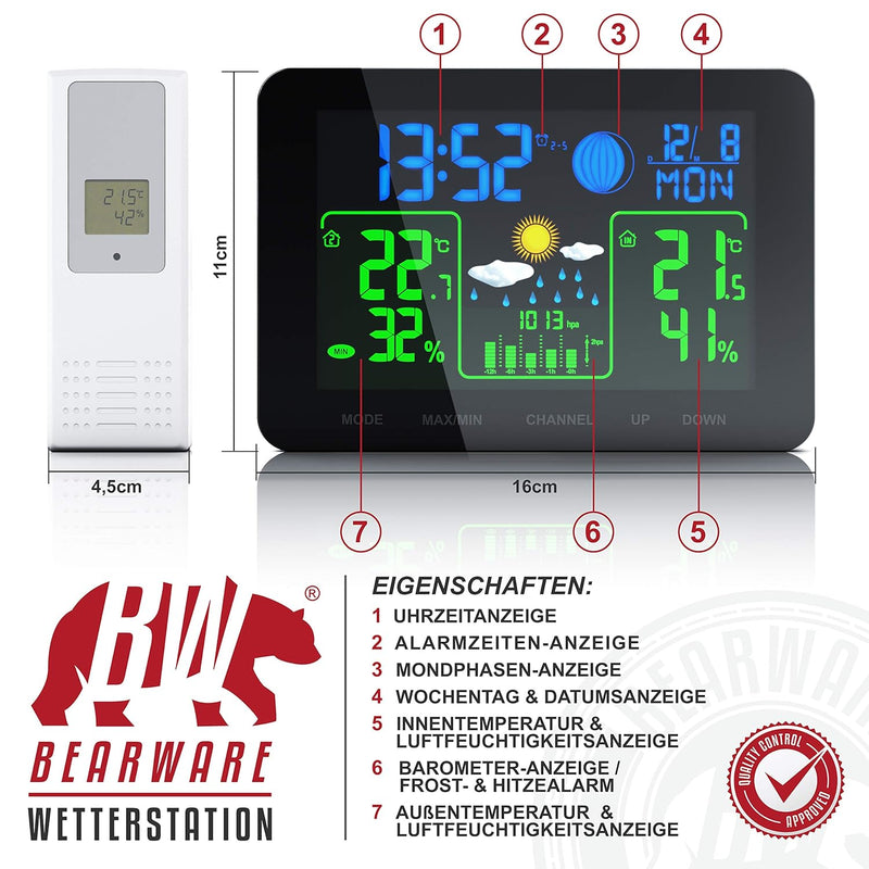 CSL - Funk Wetterstation mit Farbdisplay und Aussensensor - Innen und Aussentemperatur - Touch Butto