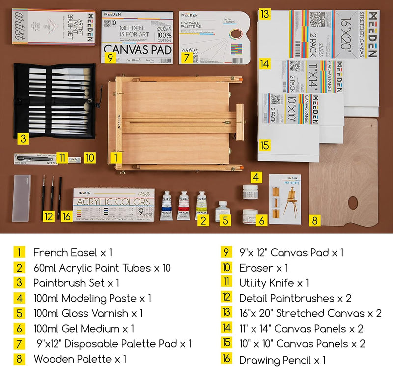 Meeden Staffelei Set, im französischen Sti, 15x100ml Acryl-Farben, Pinsel-Set, Leinwand, gespannte L