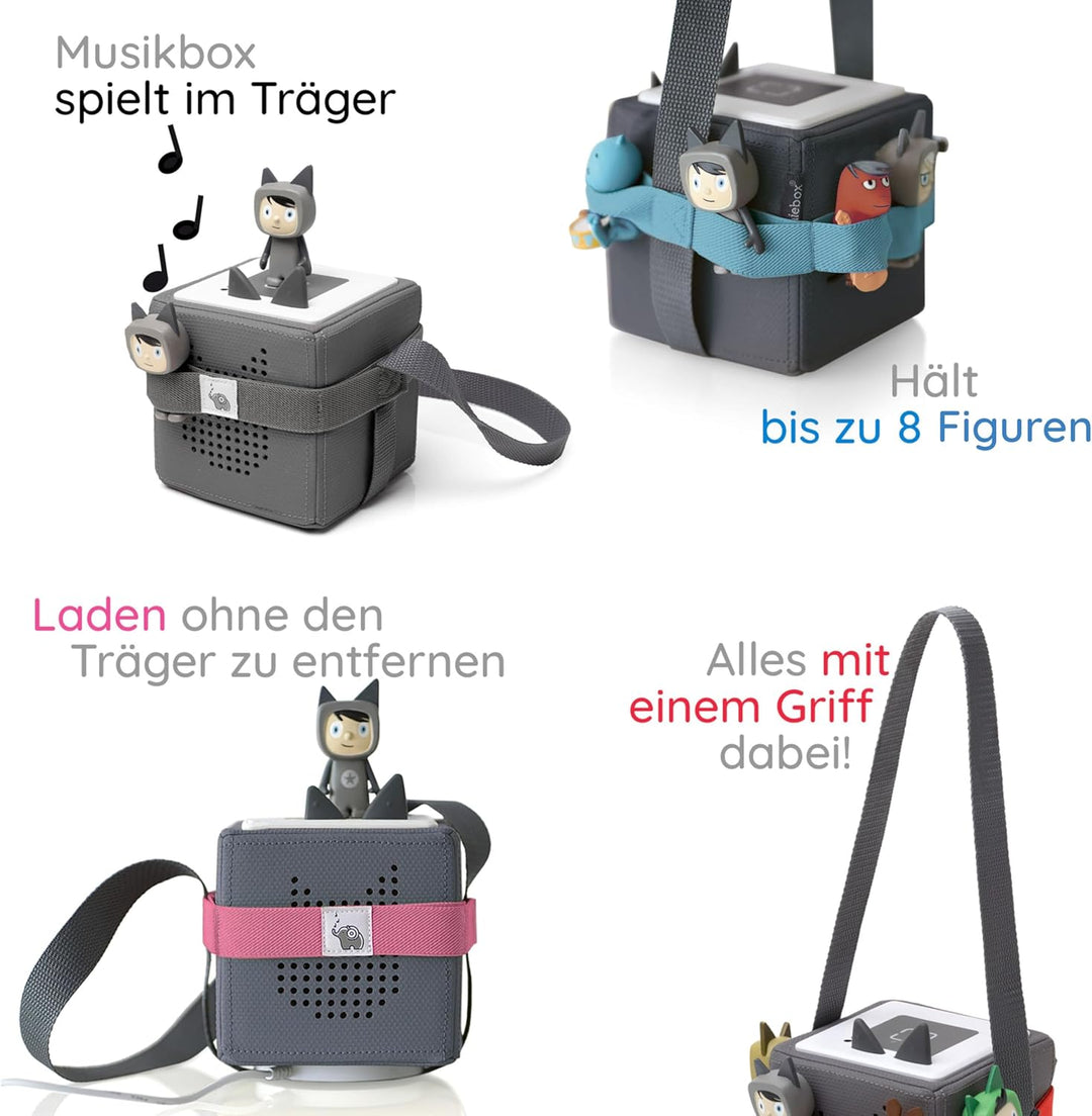 Musikbox-Träger für Tigerbox oder Toniebox und bis zu 8 Figuren | hellblau | Tragegurt mit stabilem