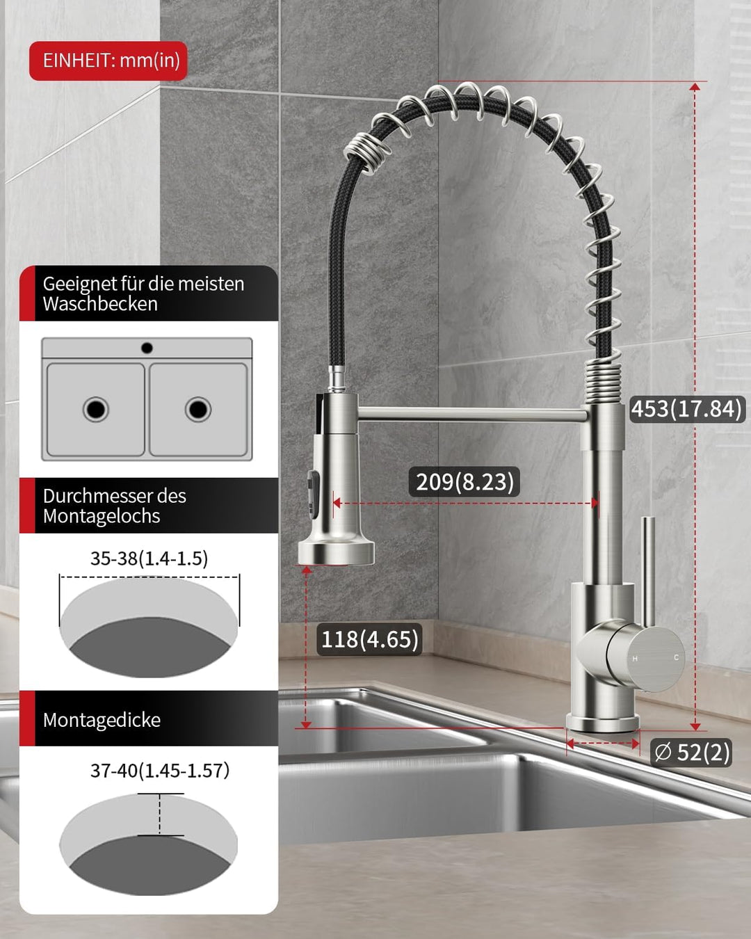 Rainsworth Wasserhahn Küche Edelstahl Herausziehbare - Zwei Wasserstrahlarten Hochdruck Küchenarmatu