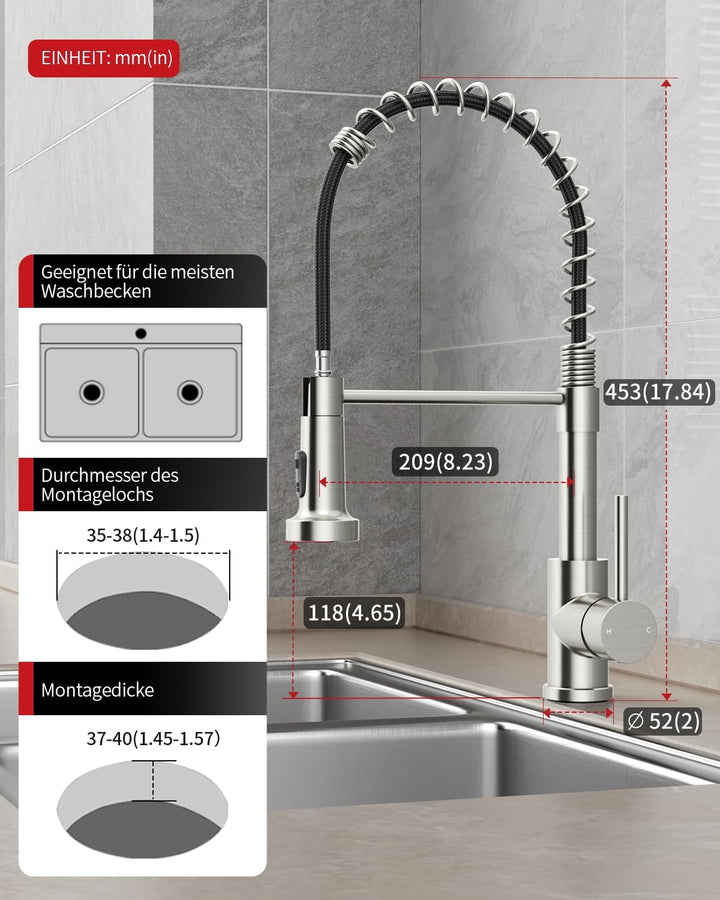Rainsworth Wasserhahn Küche Edelstahl Herausziehbare - Zwei Wasserstrahlarten Hochdruck Küchenarmatu