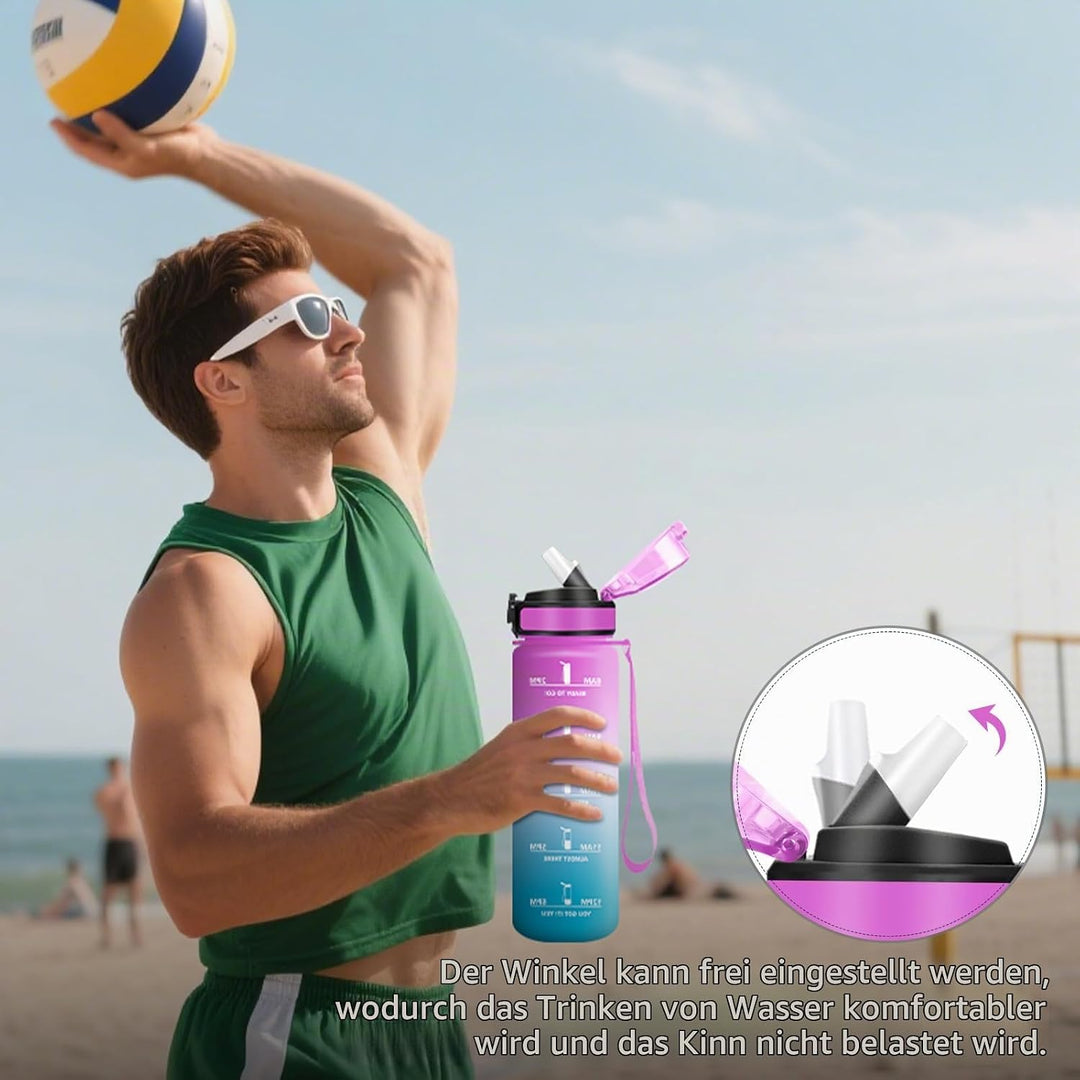 HoneyHolly Trinkflasche 1L mit Strohhalm, Trinkflasche Kohlensäure Geeignet, Wasserflasche Sport mit