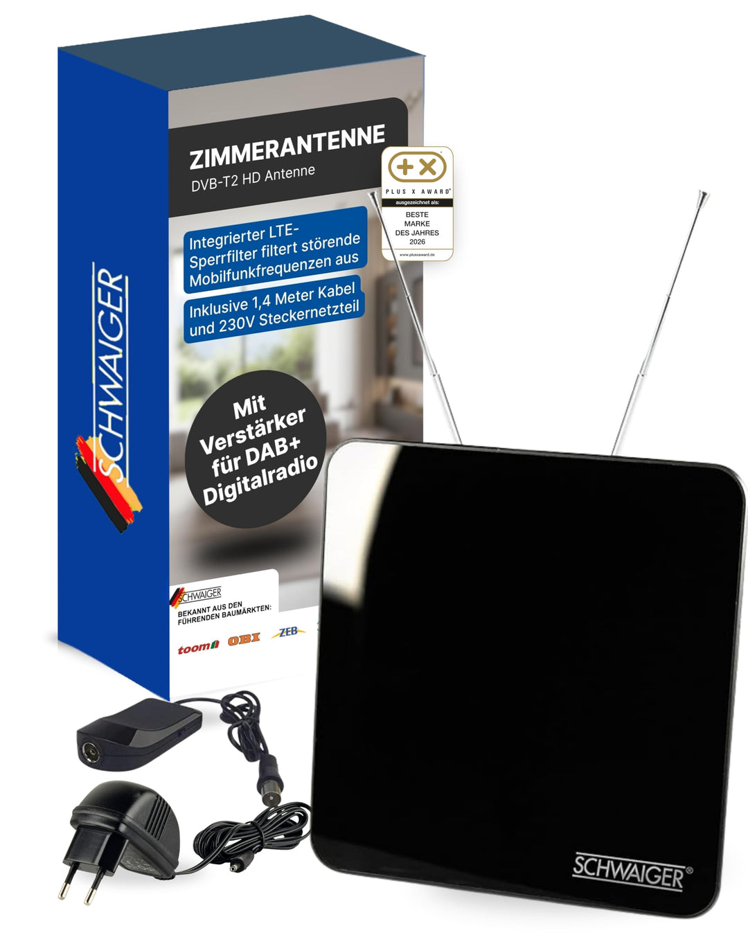 SCHWAIGER 720372 DVB-T2 Zimmerantenne aktiv mit Verstärker DAB+ DVB-T Antenne Fernsehen LTE-Sperrfil