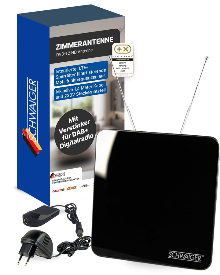 SCHWAIGER 720372 DVB-T2 Zimmerantenne aktiv mit Verstärker DAB+ DVB-T Antenne Fernsehen LTE-Sperrfil