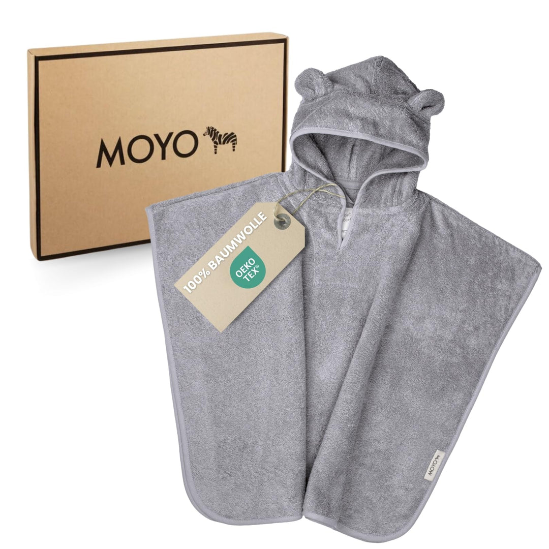 MOYO Baby Badeponcho Mit Bärenohren in Grau - Kapuzenhandtuch für 0-3 Jahre Aus 100% Frottee-Baumwol
