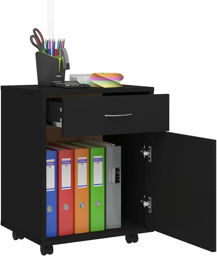 Homgoday Rollschrank mit Rollen, Holz, Schwarz, 45 x 38 x 54 cm, mit Universalrollen, Halterung für