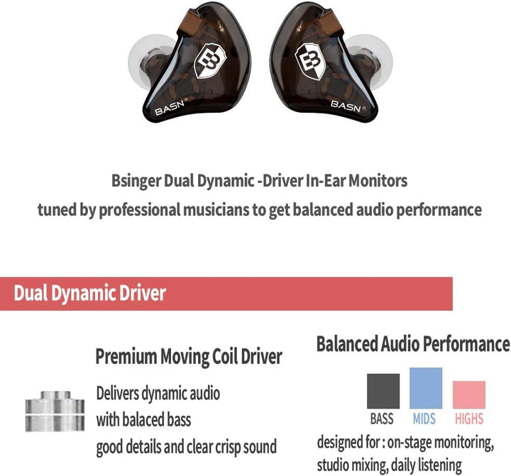 BASN Bsinger In-Ear-Monitore Geräuschisolierende Kopfhörer, Dual-dynamische Treiber High Definition