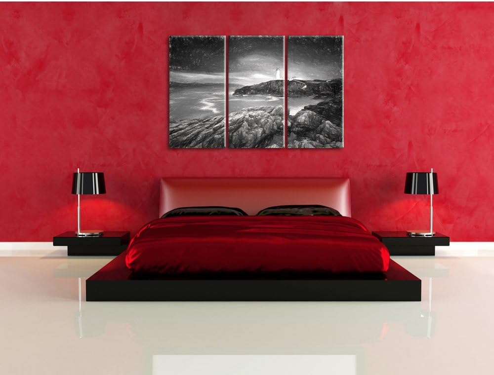 Pixxprint Leuchtturm im Meer Kohle Effekt 3-Teiler Leinwandbild 120x80 Bild auf Leinwand