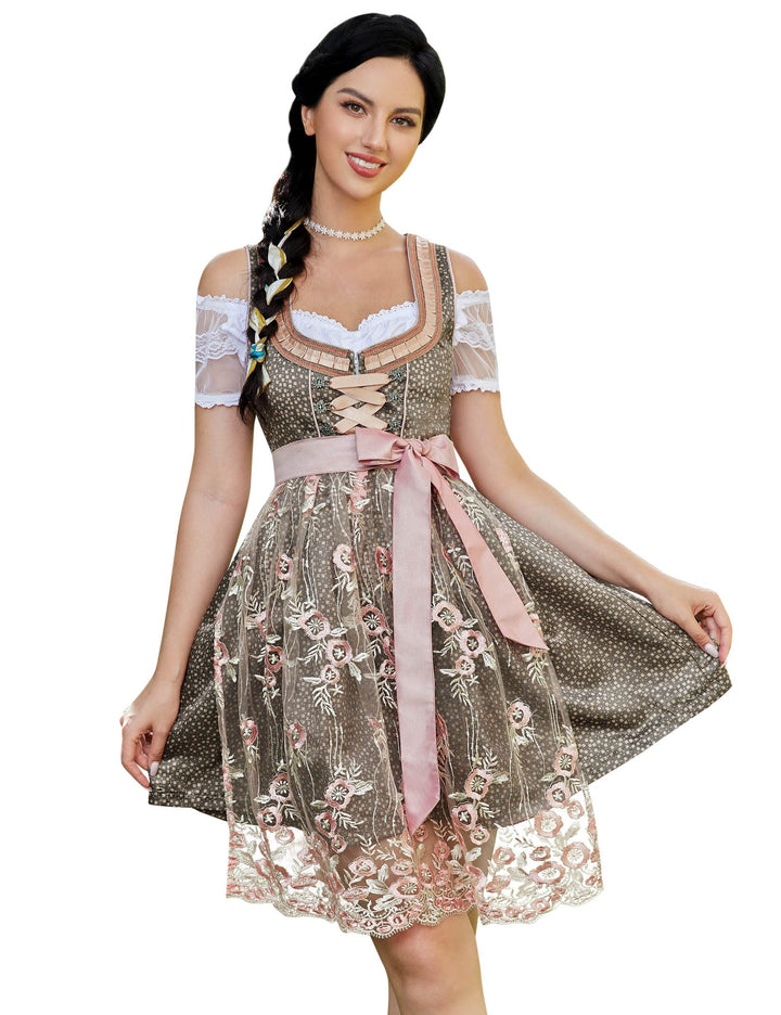 KOJOOIN Trachtenkleid Damen Dirndl Kurz Midi 3tlg. für Oktoberfest-DREI Teilig: Kleid, Bluse, Schürz