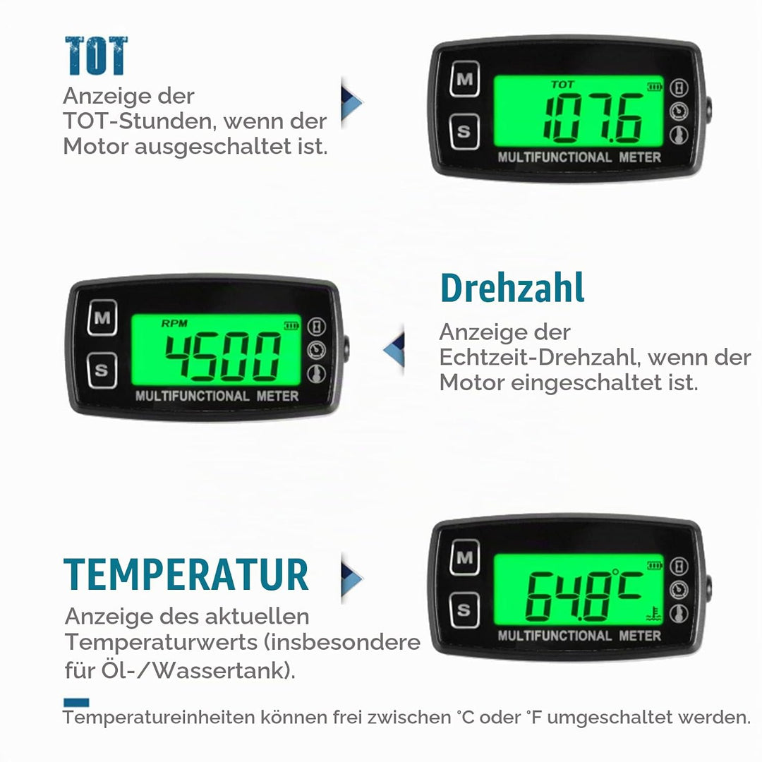 Runleader Digitales Öl-Wasser-Temperaturmessgerät, Echtzeit-Drehzahlanzeige, Alarmtemperatur und Dre