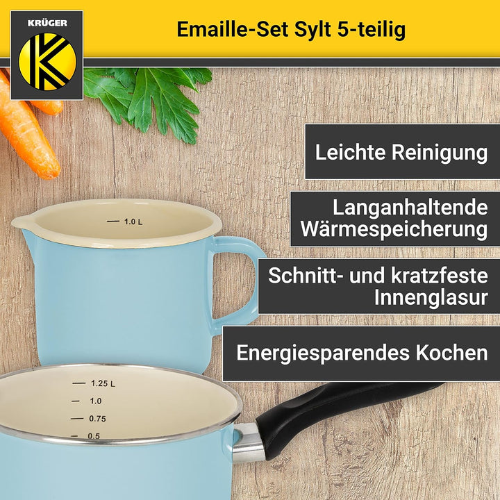 Krüger Emaille-Set Sylt 5 teilig - Emaille-Topfset aus Fleischtopf, Stieltopf und Milchtopf - Töpfe