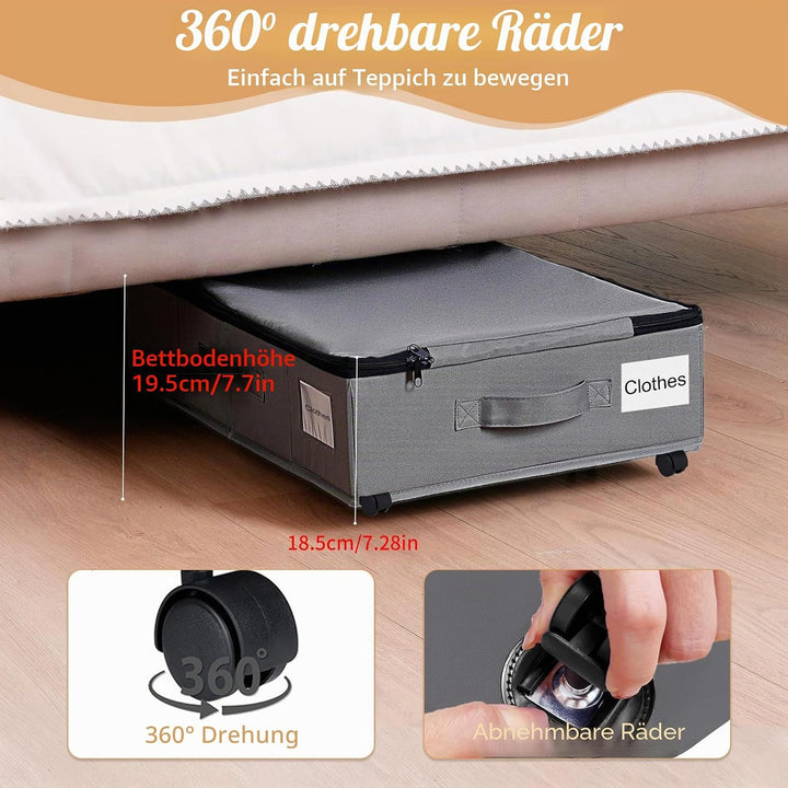 60L 2 Stück Unterbettkommode gross mit 6 Rollen, Wasserdichtes 600D Oxford-Gewebe Unterbett Aufbewah