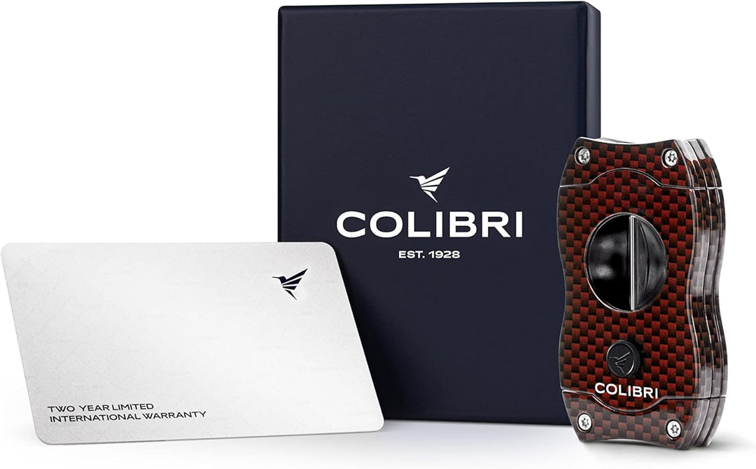 Colibri V-Cut Zigarrenschneider | Rotes Kohlefaserdruck | Federauslöser | Tiefer 7mm V-Schnitt | Bis