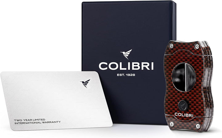 Colibri V-Cut Zigarrenschneider | Rotes Kohlefaserdruck | Federauslöser | Tiefer 7mm V-Schnitt | Bis