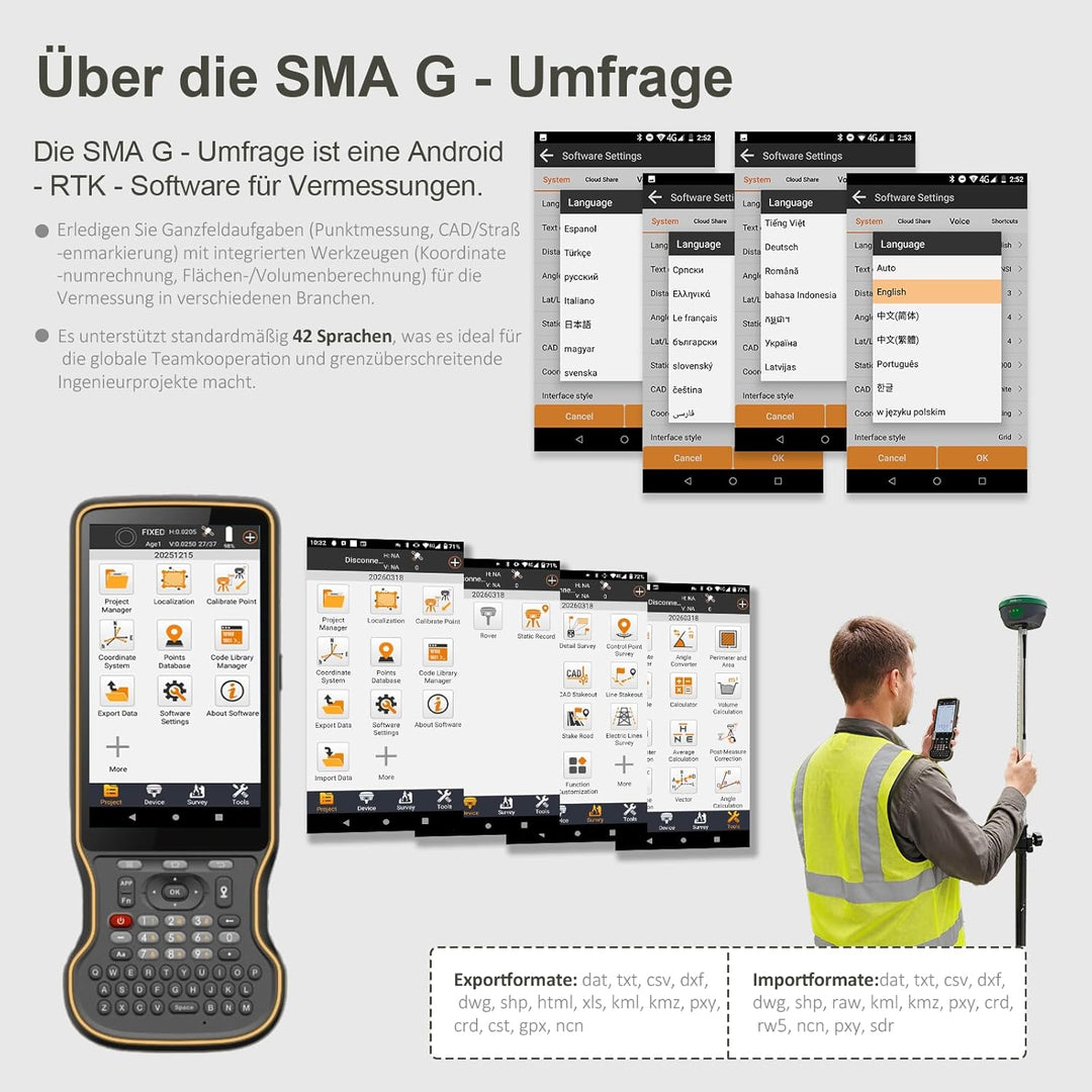 SMA28H Laser-RTK-GNSS-Vermessungssystem | 2 cm Genauigkeit | Dual-Kameras, Laser (max. 30 m), AR-bas