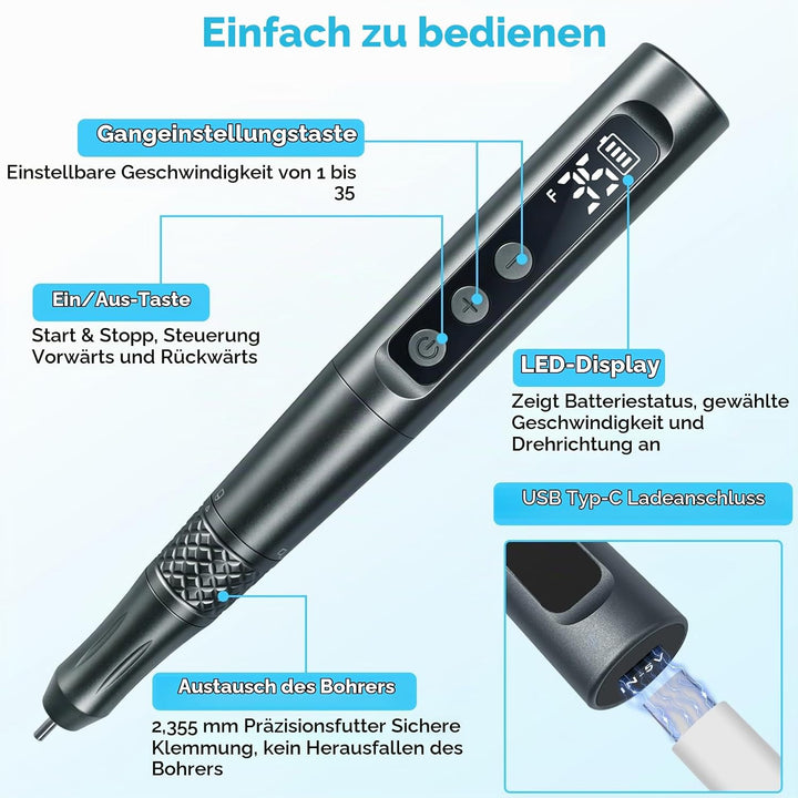 CGBE 35-Gang-Regler Gravierstift mit 58 Gravurzubehör: USB-Aufladung Elektrischer Mini Gravurstift S