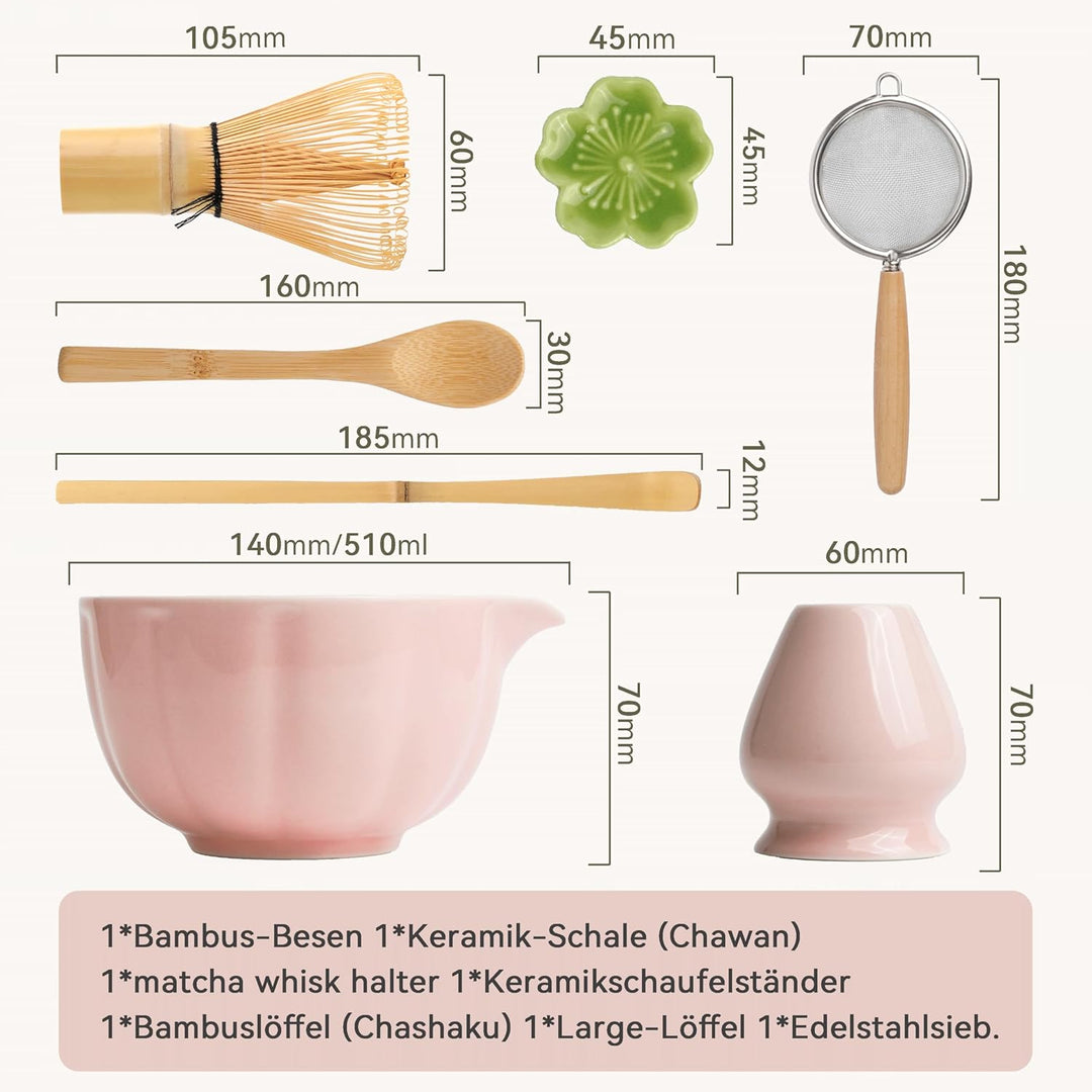Premium Matcha Set 7-teilig – Exklusives Teezeremonie-Set mit Bambus-Chasen (Besen),Rosa Keramik-Sch
