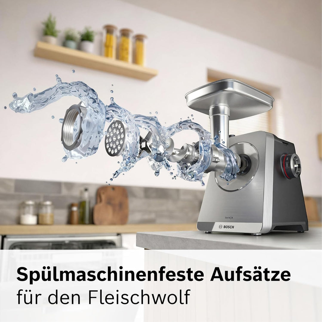 Bosch Fleischwolf Serie 8, 3 Lochscheiben (3/4,5 / 8mm), Edelstahl, spülmaschinenfest, Kebbe- & Wurs