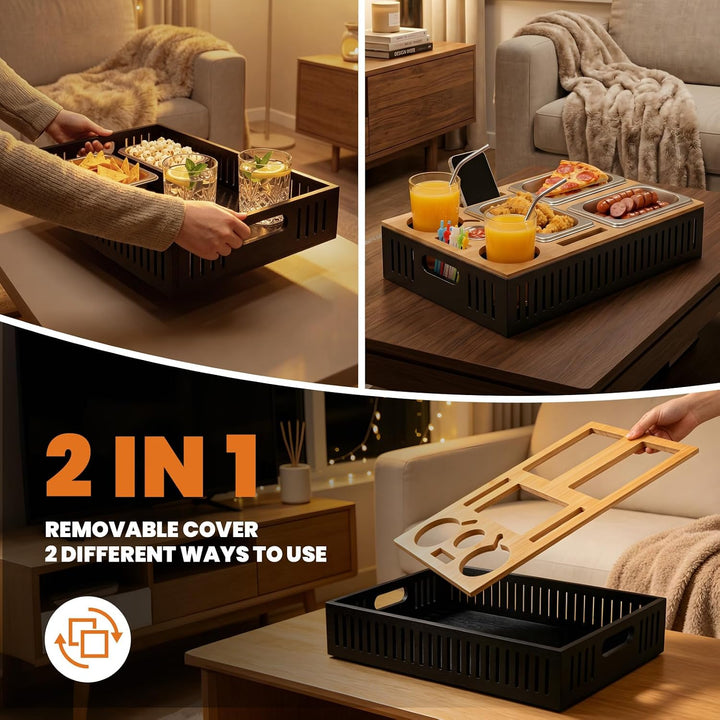 Couchbar Snackbox, Sofa Tablett mit 3 Edelstahl-Schalen 550 ml und Dip-Schale 30 ml, 2-in-1 abnehmba