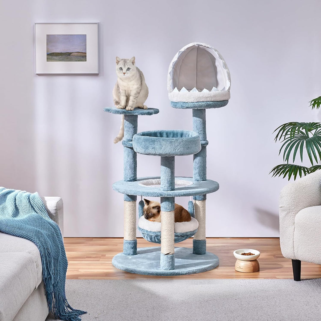 Yaheetech Meer Kratzbaum gross, Moderner Ozean Design Katzenbaum, mit Haifischmaul-Plattform Hängema