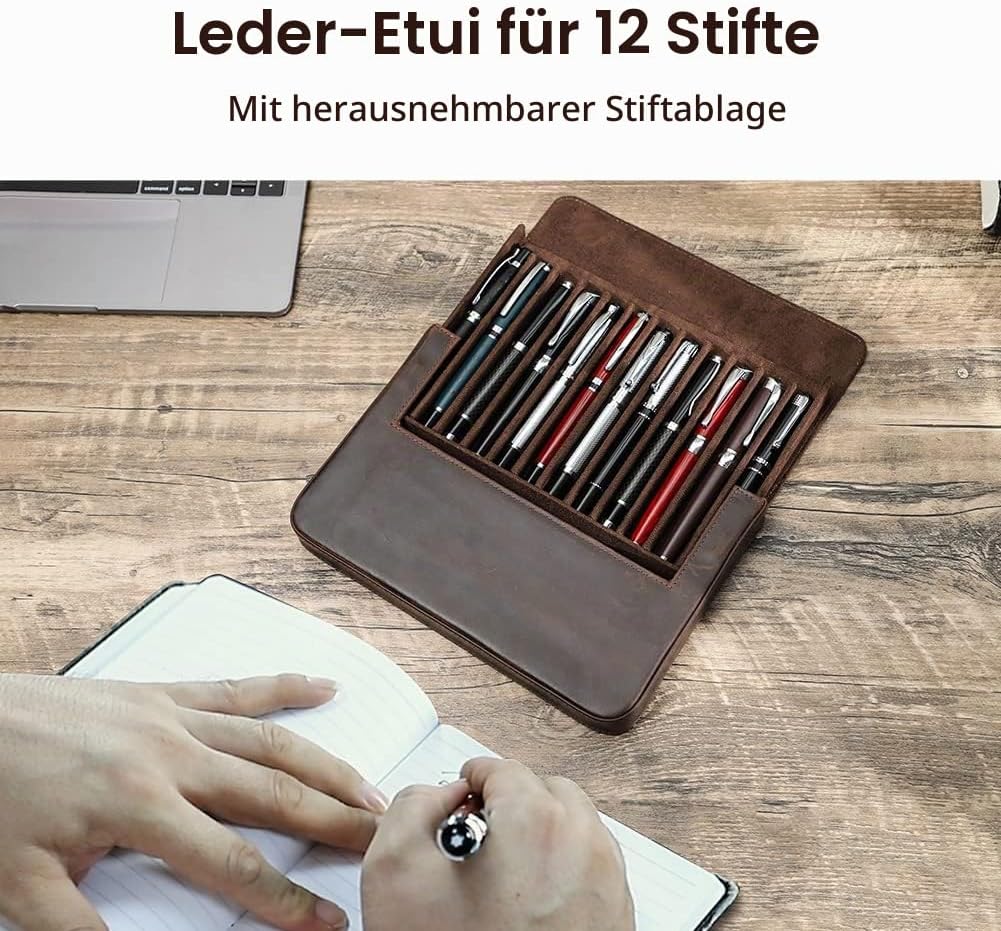 Hiram Leder-Füllfederhalter-Box für 12 Stifte, Tragbares Lederetui für Stifte mit Verstecktem Magnet