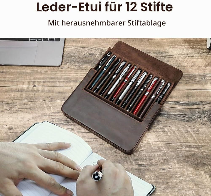 Hiram Leder-Füllfederhalter-Box für 12 Stifte, Tragbares Lederetui für Stifte mit Verstecktem Magnet
