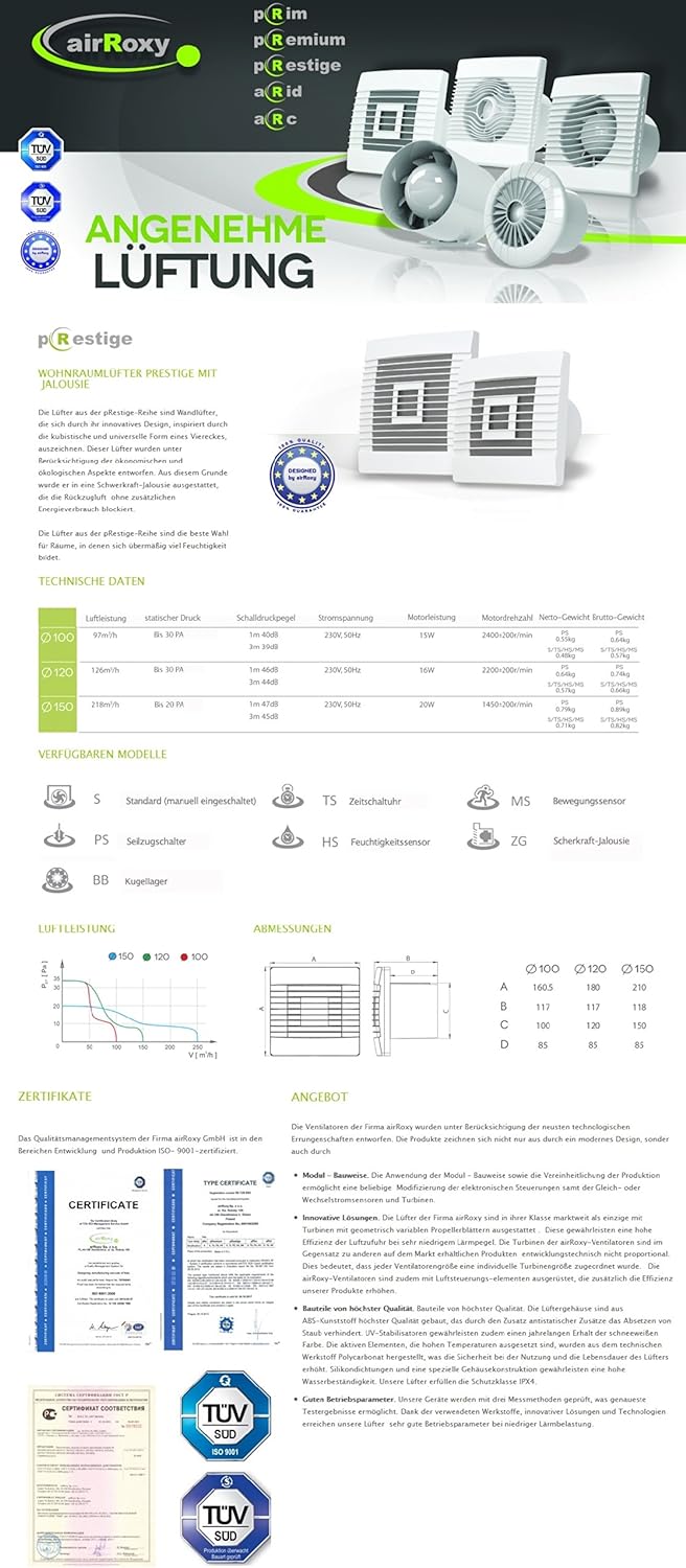 Badventilator Badlüfter mit Jalousie/Lamellen Lüfter Ventilator weiss Front Ø 150 mm 15 cm PrestigeS