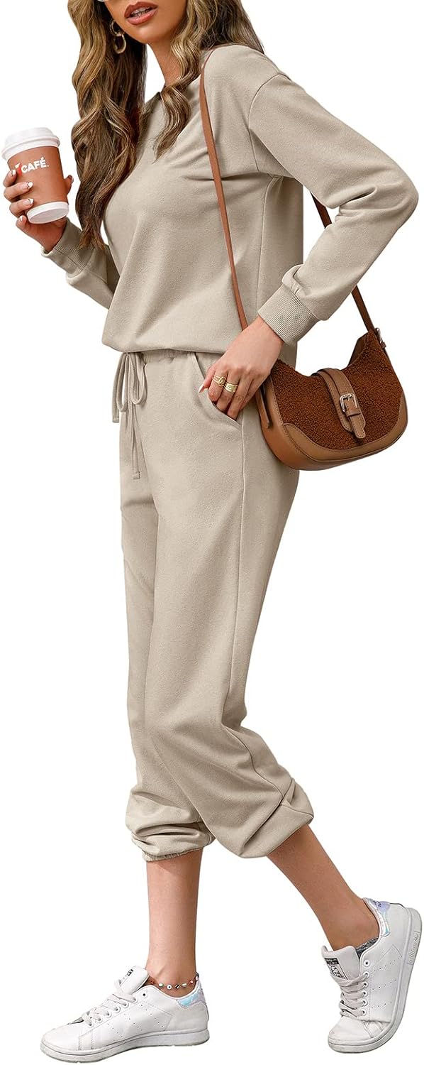 REORIA Damen Tracksuit Langarm Rundhalsausschnitt Einfarbig Zweiteiler Outfit Hoodie Jogger Training