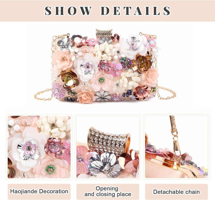 Fecialy Blumen-Clutch-Abendtaschen für Damen mit bunten Blumen-Metall-Strasssteinen Abend-Clutch-Gel