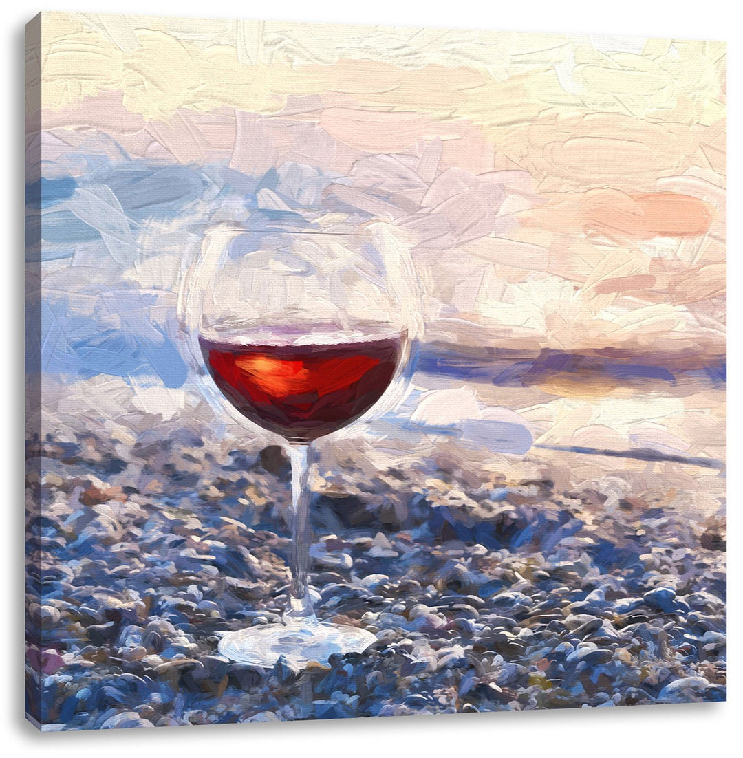 Pixxprint Weinglas am Steinstrand Pinsel Effekt, Format: 70x70 auf Leinwand, 70x70