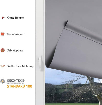 Eurohome Verdunkelungsrollo Thermo Rollo 100x130cm (Stoffbreite 96 cm) Grau Klemmfix ohne Bohren mit
