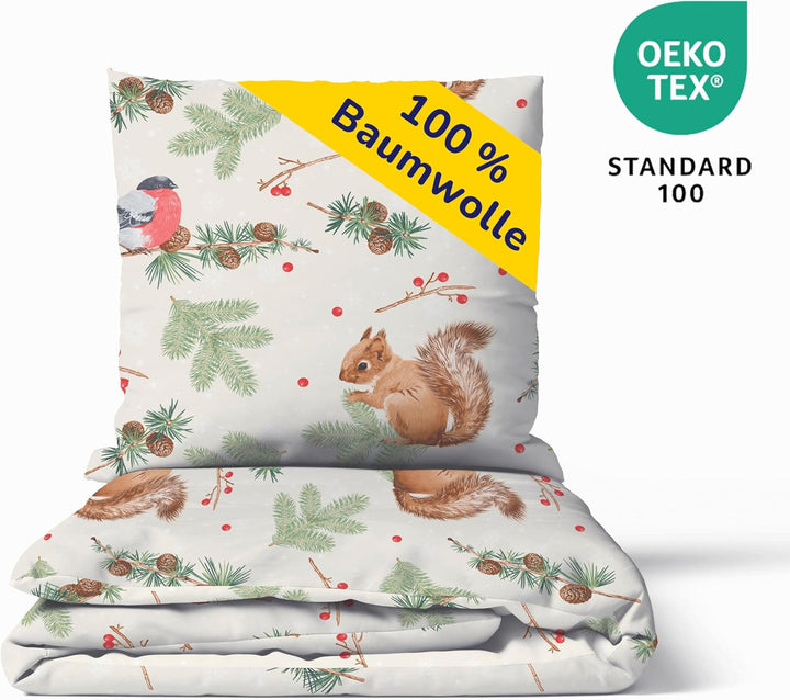 Träumschön Biber Bettwäsche 135x200 Kinder Baumwolle Beige - Eichhörnchen Motiv - Kinderbettwäsche 1