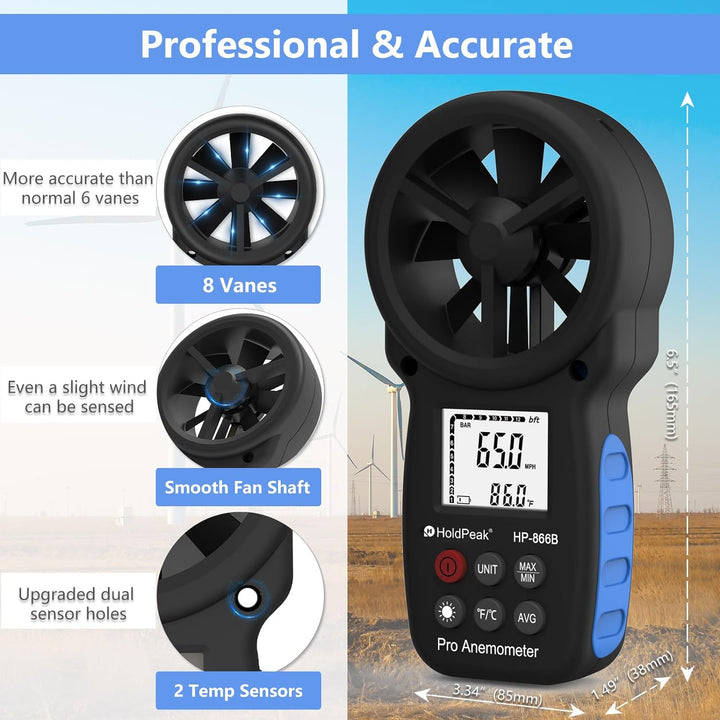 HoldPeak 866b Digitales Anemometer Wind Speed Meter für Measuring Wind Speed, Temperatur und Wind Ch