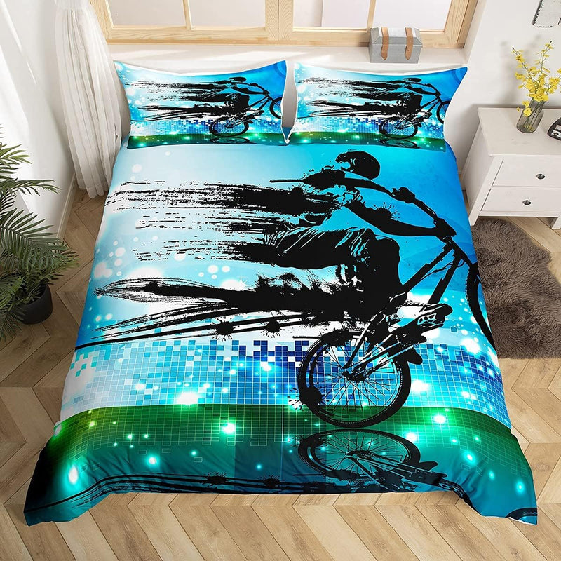 Loussiesd Jungen Bettbezug Set Dirt Bike Sport Bettwäscheset 135x200cm BMX Rider Silhouette Blau Grü