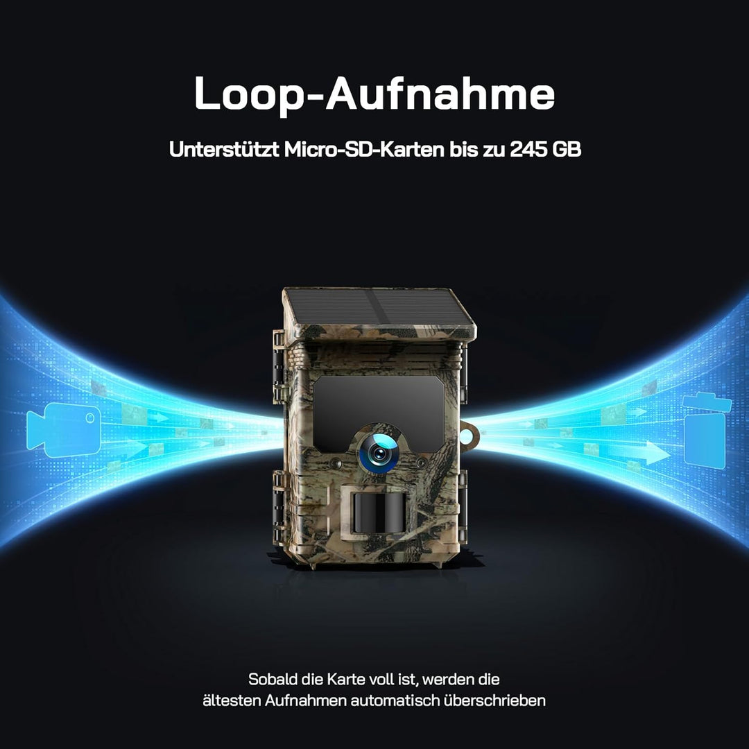 WOLFANG Solar Wildkamera 4K 46MP, WLAN Bluetooth Jagdkamera mit hervorragender Nachtsicht, Duale Str